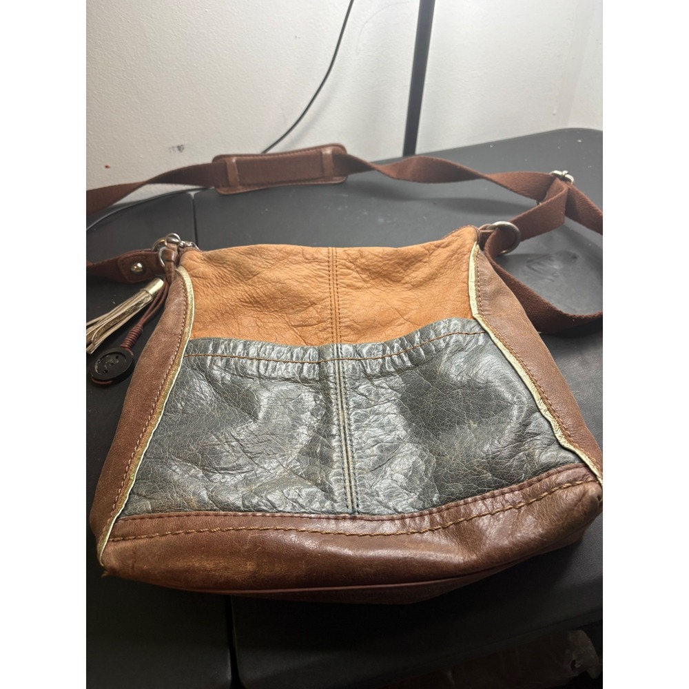 The Sak Leather Crossbody Bag Patchwork Brown Tan Gold Tassel Boho Messenger